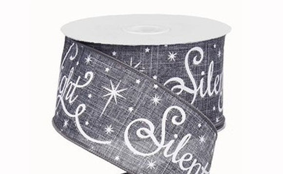 PerpetualRibbons Christmas Words 2.5 inch Grey Canvas Silent Night Script in White & Silver Glitter - 10 Yards