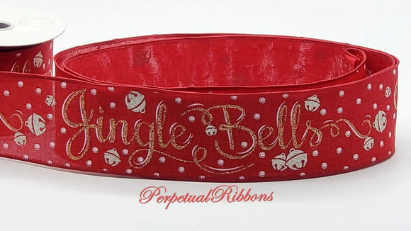 PerpetualRibbons Christmas Words 2.5 inch Red Canvas Jingle Bells Script in Gold & Silver Glitter - 10 Yards