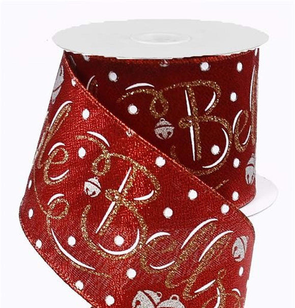 PerpetualRibbons Christmas Words 2.5 inch Red Canvas Jingle Bells Script in Gold & White Glitter - 10 Yards