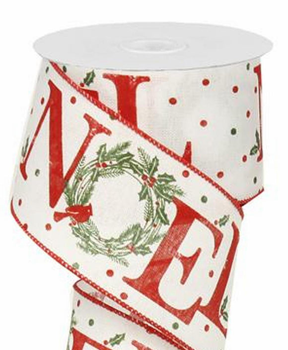 PerpetualRibbons Christmas Words 2.5 inch White Canvas Ribbon with Noel printed in Red - 10 Yards