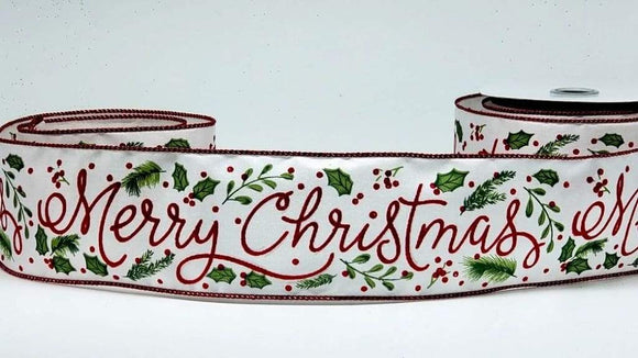 PerpetualRibbons Christmas Words 2.5 inch White Satin Ribbon with Merry Christmas Scripted in Red - 10 Yards