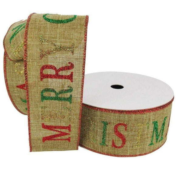 PerpetualRibbons Christmas Words 2.5 inch Wired Natural Ribbon with 