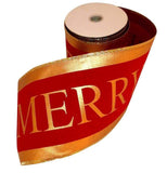 PerpetualRibbons Christmas Words 5 Inch Red Velveteen & Gold Foil "Merry Christmas" Banner - 10 Yards - DISCONTINUED PRINT