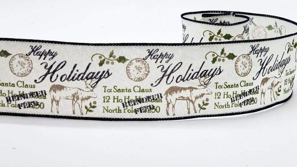 PerpetualRibbons Christmas Words Cream Colored Canvas Post Card to Santa Claus Ribbon - 5 Yards