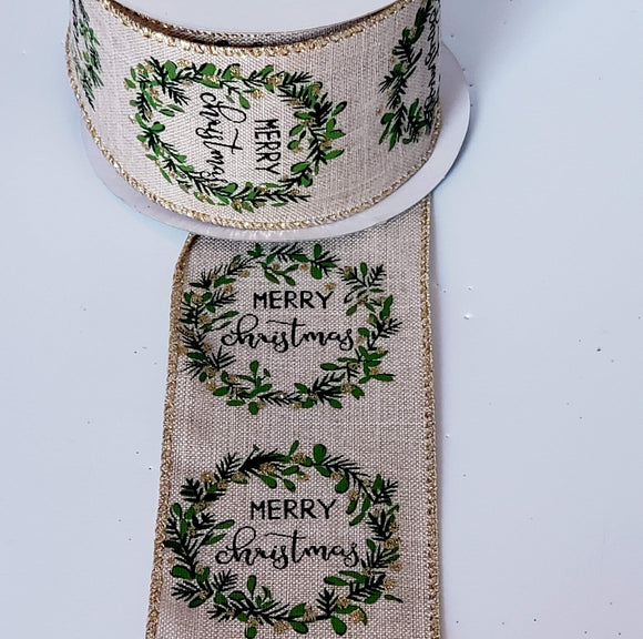 PerpetualRibbons Christmas Words Wired Christmas Ribbon - 2.5 inch Natural Canvas Ribbon with Green Wreath & 