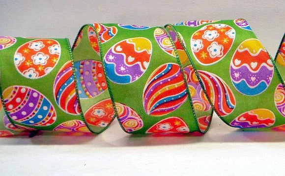 PerpetualRibbons Easter 2.5 inch Green Ribbon with Painted Easter Eggs - 5 Yards