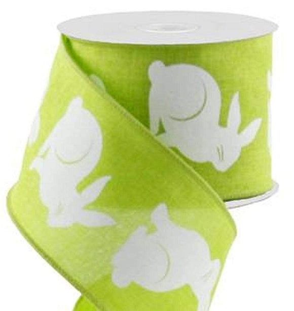 PerpetualRibbons Easter 2.5 inch Lime Green Ribbon with White Easter Bunny Print - 10 Yards