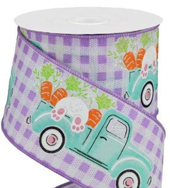 PerpetualRibbons Easter 2.5 inch Wired Easter Ribbon - Bunny Butts & Carrots in Truck on Lavender and White Gingham Canvas Ribbon - 10 Yards