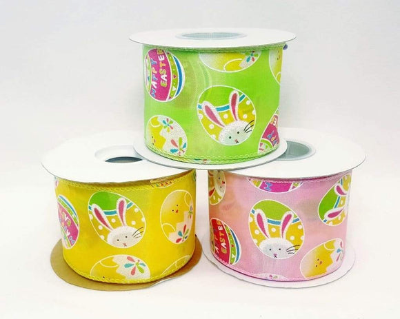 PerpetualRibbons Easter 2.5 inch Yellow, Pink or Green Satin Ribbon with Easter Eggs & Bunnies - 10 Yards