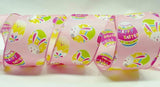 PerpetualRibbons Easter 2.5 inch Yellow, Pink or Green Satin Ribbon with Easter Eggs & Bunnies - 10 Yards