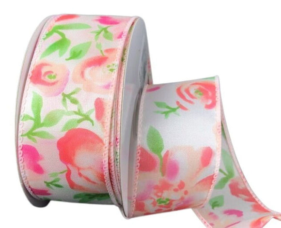 PerpetualRibbons Floral 1.5 1.5 or 2.5 inch Pink Watercolor Roses on Blush Satin - 5 Yards