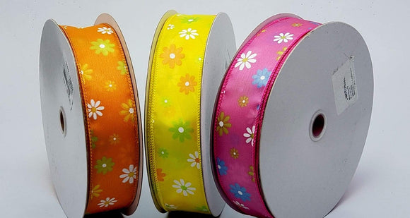 PerpetualRibbons Floral 1.5 inch Retro Daisies on Bright Orange, Bright Yellow or Hot Pink Taffeta - 5 Yards