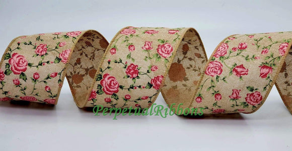 PerpetualRibbons Floral 1.5 or 2.5 inch Dark Natural Canvas Ribbon with Light Pink & Dark Pink Roses - 10 Yards