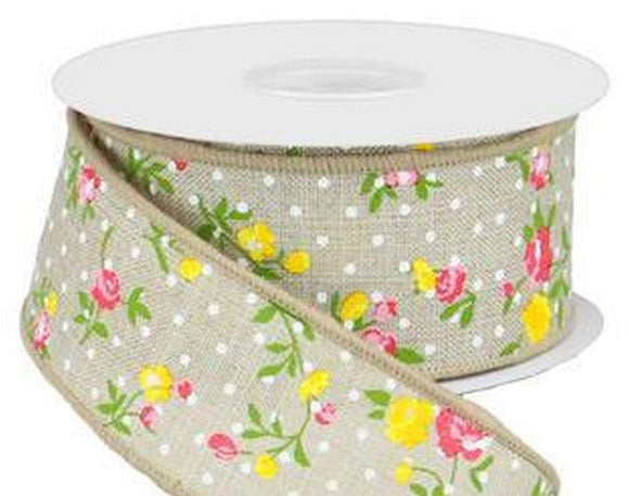 PerpetualRibbons Floral 10 Yards 1.5 inch Vintage Floral Ribbon with White Mini Dots on Beige Canvas