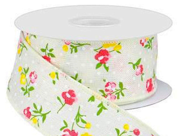 PerpetualRibbons Floral 10 Yards 1.5 inch Vintage Floral Ribbon with White Mini Dots on Cream Canvas