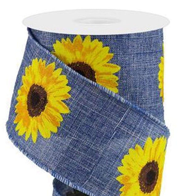 PerpetualRibbons Floral 2.5 inch Denim Blue Canvas Ribbon with Bold Yellow Sunflower. - 10 Yards