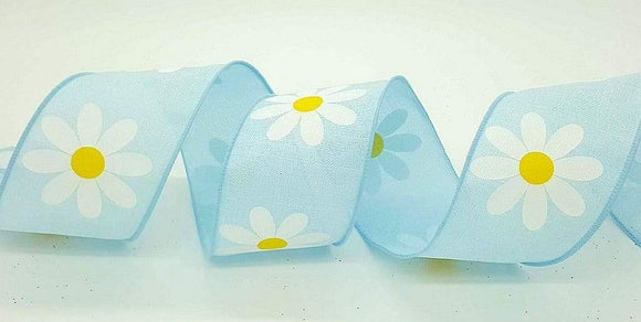 PerpetualRibbons Floral 2.5 inch Light Blue Ribbon with White Daisies - 10 Yards