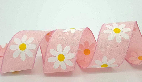 PerpetualRibbons Floral 2.5 inch Light Pink Ribbon with White Daisies - 10 Yards