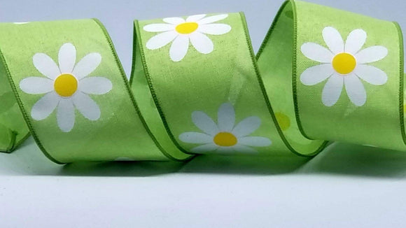 PerpetualRibbons Floral 2.5 inch Lime Green Canvas Ribbon with White Daisies - 10 Yards