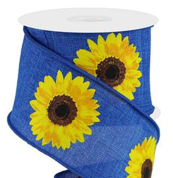 PerpetualRibbons Floral 2.5 inch Royal Blue Canvas Ribbon with Bold Yellow Sunflower - 10 Yards