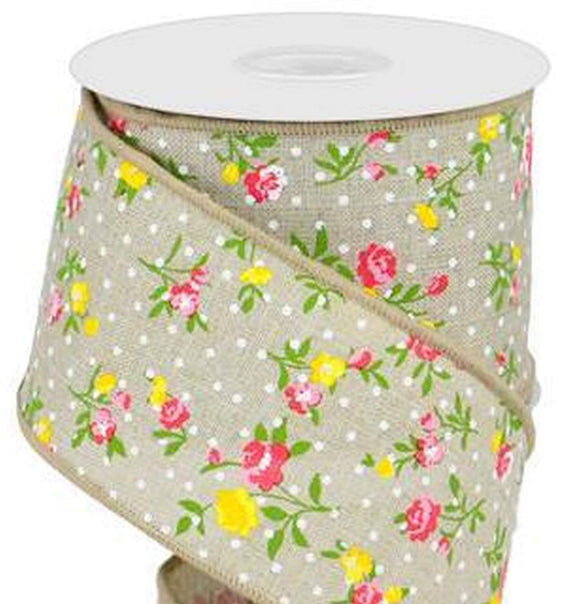 PerpetualRibbons Floral 2.5 inch Vintage Floral Ribbon with White Mini Dots on Beige Canvas - 10 Yards