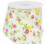 PerpetualRibbons Floral 2.5 inch Vintage Floral Ribbon with White Mini Dots on Cream Canvas - 10 Yards
