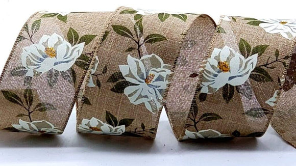 PerpetualRibbons Floral 2.5 inch White Magnolias & Moss Green Leaves on Natural Canvas Ribbon - 10 Yards