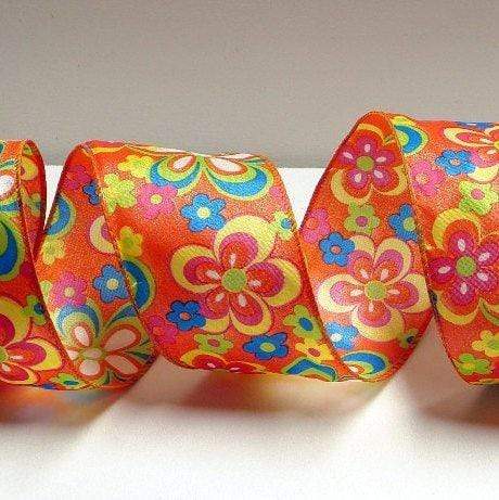 PerpetualRibbons Floral 2.5 inch Wired Bright Orange Satin Ribbon  - 10 Yards