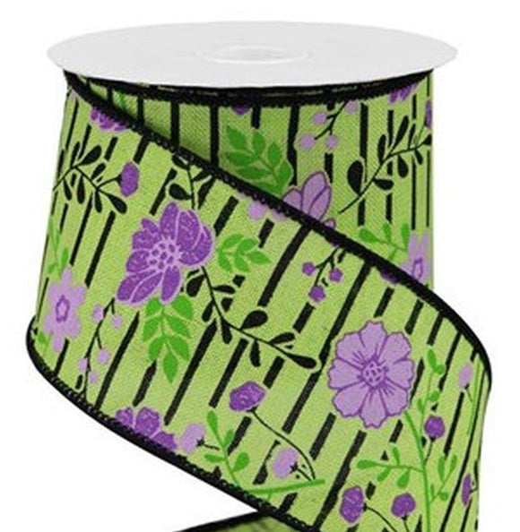 PerpetualRibbons Floral Wired Floral Ribbon - 2.5 inch Bright Green Canvas Ribbon with Lavender Flowers and Black Stripes - 10 Yards