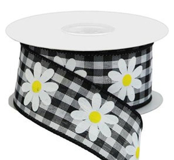 PerpetualRibbons Floral Wired Spring Ribbon -  1.5 inch Black & White Gingham Ribbon with White Daisies - 10 Yards