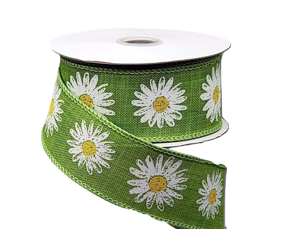 PerpetualRibbons Floral Wired Spring Ribbon -  1.5 inch Lime Green Ribbon with White Daisies - 5 Yards