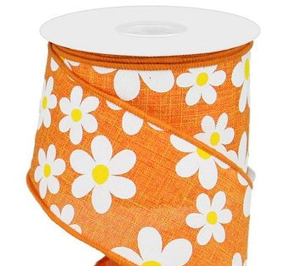 PerpetualRibbons Floral Wired Spring Ribbon -  2.5 inch Orange Canvas Ribbon with Various Sized White Daisies - 10 Yards