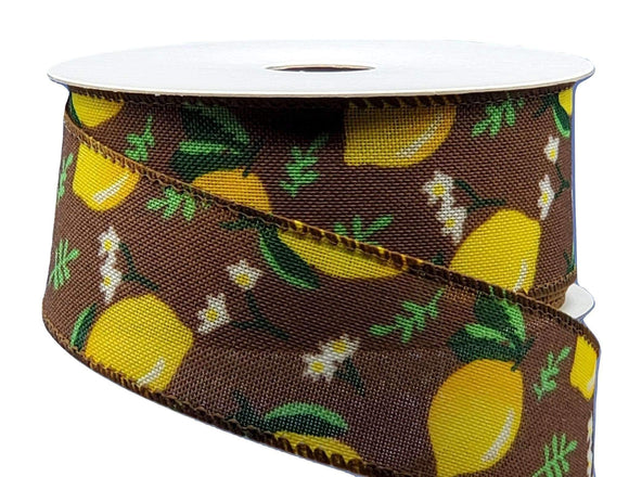 PerpetualRibbons Food 1.5 inch Wired Brown Linen Ribbon with Bright Yellow Lemons N Leaves with, Little White Flowers - Summer Ribbon - 10 Yards