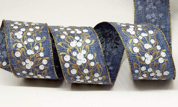 PerpetualRibbons Food 2.5 inch Denim Ribbon with White Berries on Gold Vines - 10 Yards