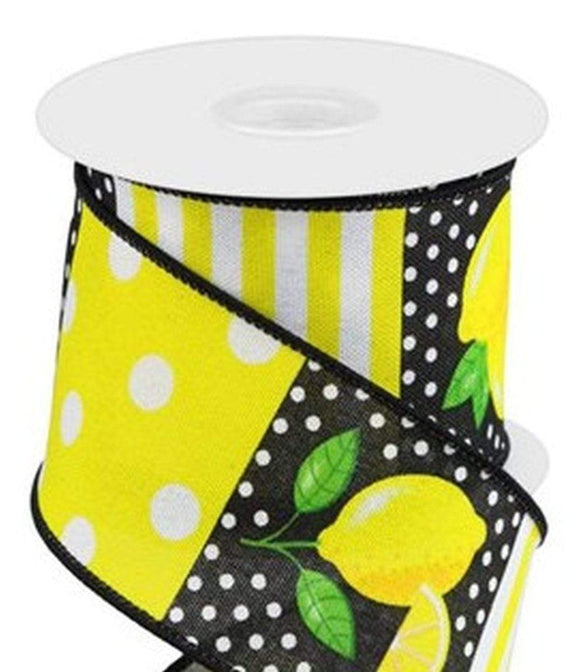 PerpetualRibbons Food 2.5 inch Lemon Blocks on Canvas Ribbon - Various Black, Yellow & White Lemon Blocks - 10 Yards