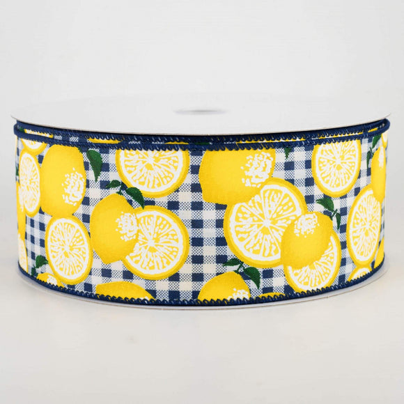 PerpetualRibbons Food 2.5 inch Navy & White Gingham Ribbon with Lemons and Green Leaves - Wired Canvas Summer Ribbon - 5 Yards