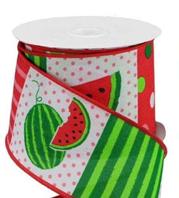 PerpetualRibbons Food 2.5 inch Watermelon Blocks on Canvas Ribbon - Various Watermelon Pieces with Dots & Stripes - 10 Yards