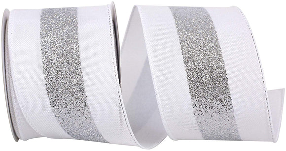 PerpetualRibbons Food 2.5  inch White Canvas Ribbon with Bold Silver Glitter Stripe Down the Center - 10 Yards