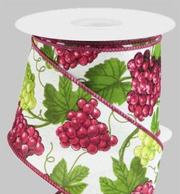 PerpetualRibbons Food 2.5  inch White Canvas Ribbon with Burgundy & Green Grapes and Leaves