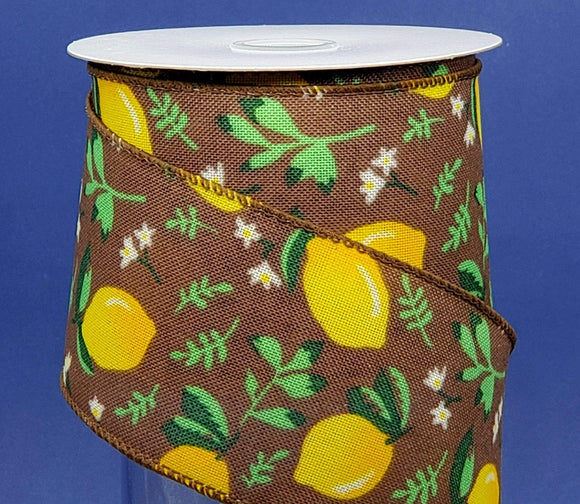 PerpetualRibbons Food 2.5 inch Wired Brown Linen Ribbon with Bright Yellow Lemons N Leaves with, Little White Flowers - Summer Ribbon - 10 Yards