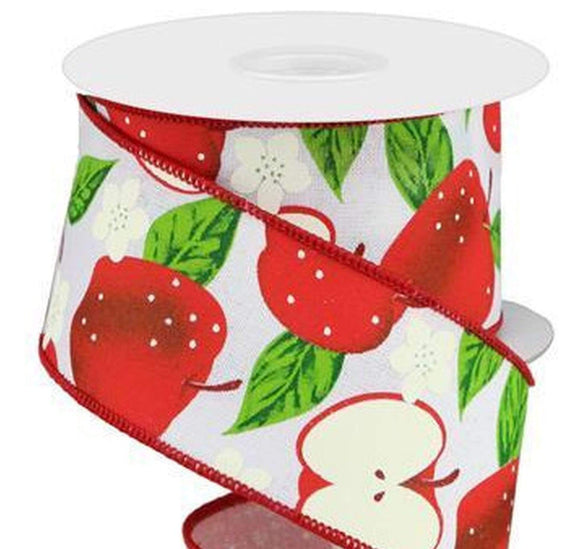 PerpetualRibbons Food 2.5 inch Wired White Canvas Ribbon with Bright Apples - 10 Yards