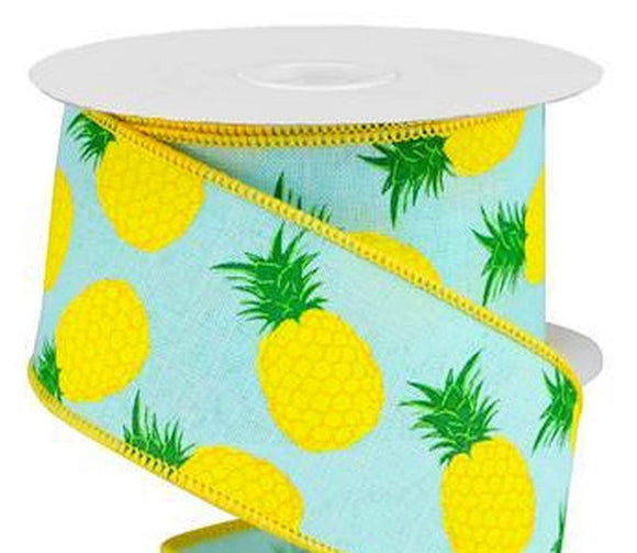 PerpetualRibbons Food 2.5 Inch Yellow Pineapples on Robins Egg Blue Canvas Ribbon - Wired Summer Ribbon - 10 Yards