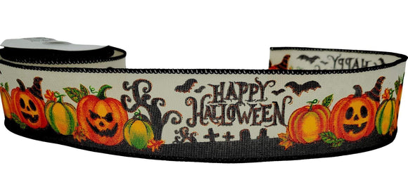 PerpetualRibbons Halloween 2.5 inch Cream Canvas Ribbon w/Jack-O-Lanterns, Pumpkins & Gravestones -10 Yards