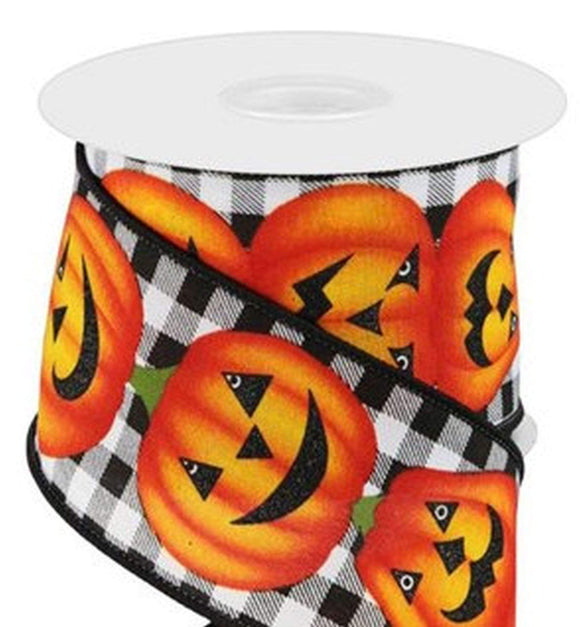 PerpetualRibbons Halloween 2.5 inch Halloween Jack-O-Lantern on Black & White Gingham Wired Ribbon - 10 Yards