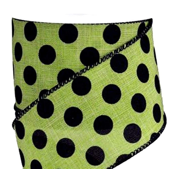 PerpetualRibbons Halloween 2.5 inch Lime Green Canvas Ribbon with Black Polka Dots - 10 Yards