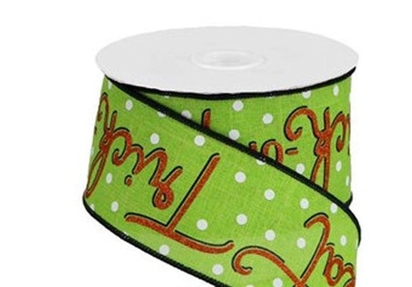 PerpetualRibbons Halloween 2.5 inch Lime Green Canvas Ribbon with Trick or Treat Written with White Dots Wired Ribbon - 10 Yards