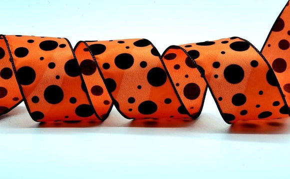 PerpetualRibbons Halloween 2.5 inch Orange Satin Ribbon with Black Flocked Dots - 10 Yards