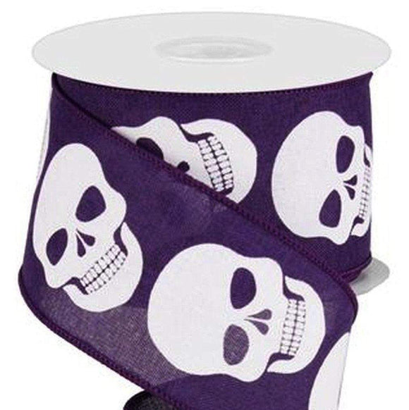 PerpetualRibbons Halloween 2.5 inch Purple Canvas Ribbon with White Skulls - 10 Yards