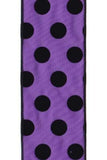 PerpetualRibbons Halloween 2.5 inch Purple Satin Ribbon with Black Flocked Polka Dots - 10 yards