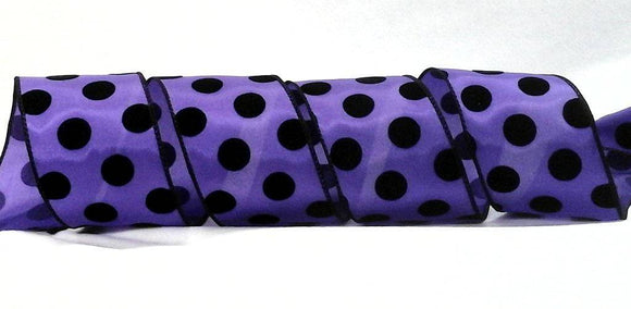 PerpetualRibbons Halloween 2.5 inch Purple Satin Ribbon with Black Flocked Polka Dots - 10 yards